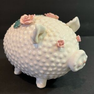 Lefton Hobnail Piggy Bank White Pink Roses Mid Century Modern Vintage 1950’s